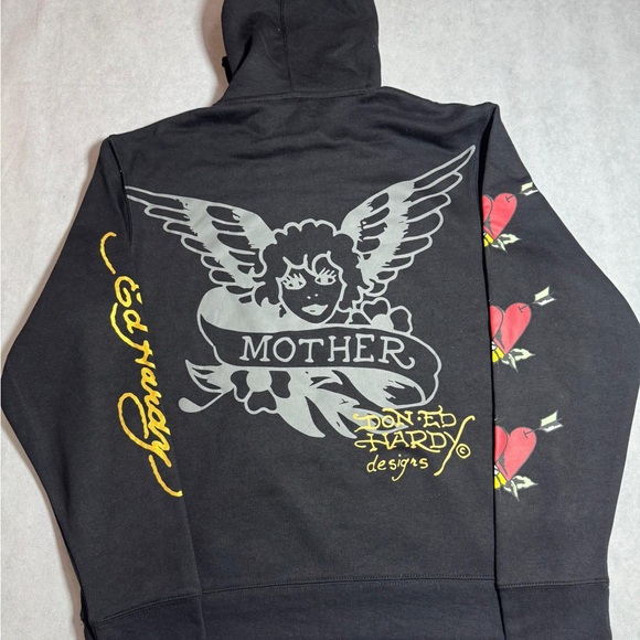 Ed Hardy Black Hoodie with Heart and Wings Design - Picture 4 of 5